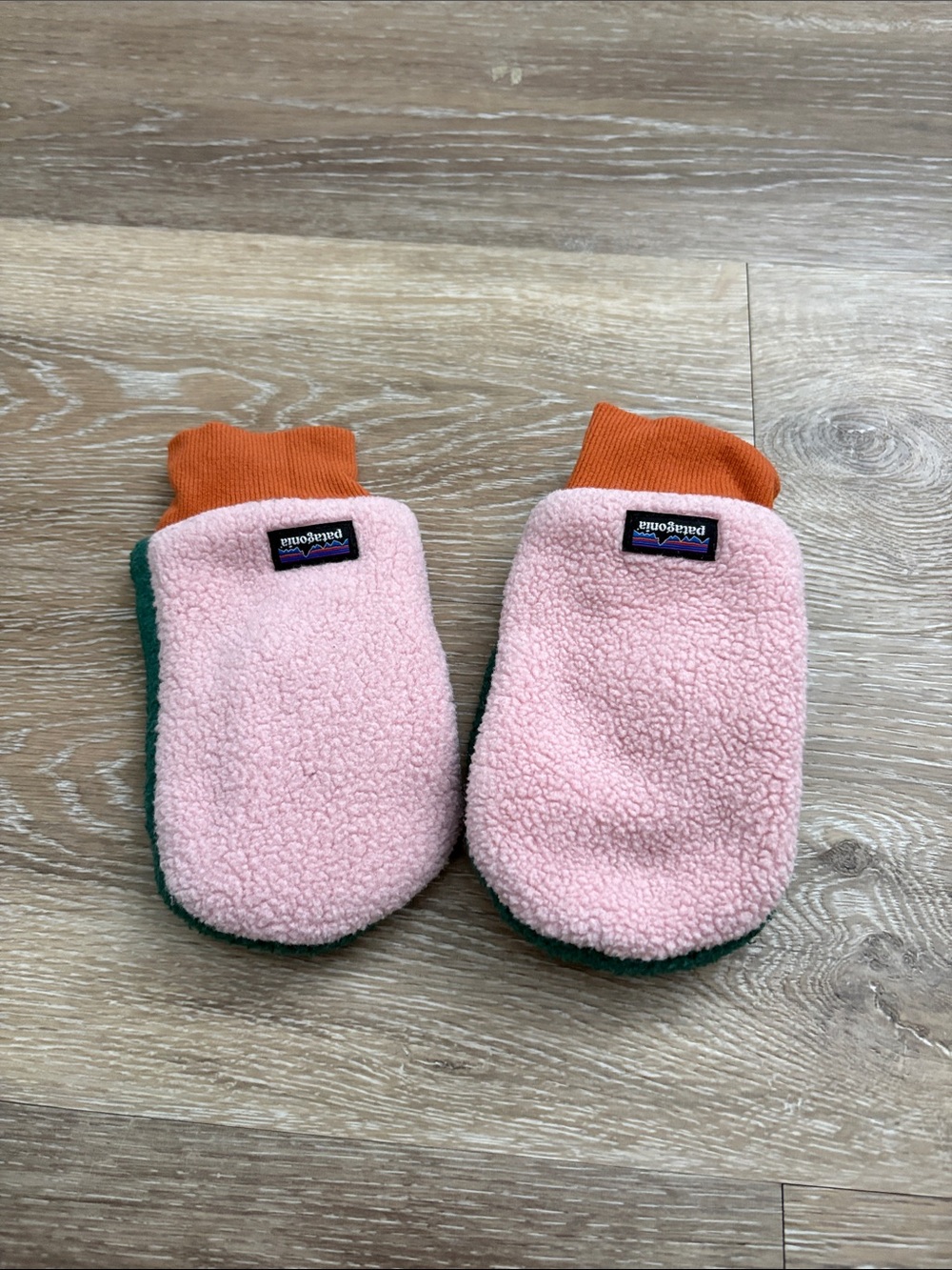 Patagonia Pita Pocket Kids Pink Fleece Mittens with Orange Cuffs and Green Trim